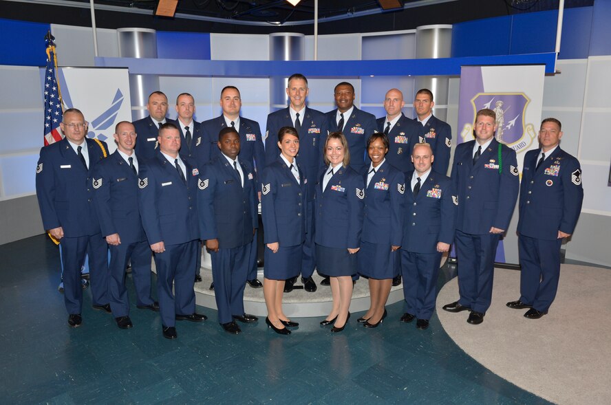 McGHEE TYSON AIR NATIONAL GUARD BASE, Tenn. ?H-flight students attending the Noncommissioned Officer Academy Class 13-7, at the Paul H. Lankford Enlisted Professional Military Education Center, gather in the TEC TV studio for flight photos at The I.G. Brown Training and Education Center here, July 22, 2013. (U.S. Air National Guard photo by Master Sgt. Kurt Skoglund/Released)