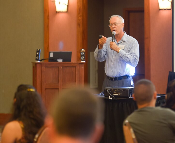 Chaplain (Lt. Col.) Keith Dobbe, senior chaplain for the 116th Air Control Wing, speaks to couples from the 116th ACW and the 202nd Engineering Installation Squadron, Georgia Air National Guard, during the Strong Bonds marriage conference at Callaway Gardens, Pine Mountain, Ga., July 26, 2013. The conference is a chaplain led program, developed by the National Guard Bureau, offering three days of intensive training in a retreat like setting designed to help Guardsmen build and maintain a strong family structure.  Twenty nine couples attended the event hosted by the 116th ACW. (U.S. Air National Guard photo by Master Sgt. Roger Parsons/Released)