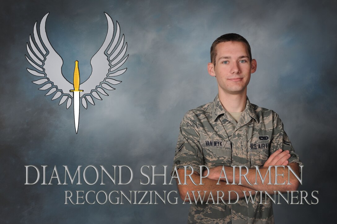 U.S. Air Force Airman 1st Class Keegan Van Wyk, 27th Special Operations Maintenance Squadron avionics technician, poses for a photo July 10, 2013, at Cannon Air Force Base, N.M. Van Wyk was recently recognized as a Diamond Sharp Award winner for the month of July and was highlighted for his hard work and achievements. (U.S. Air Force photo/ Airman 1st Class Eboni Reece)