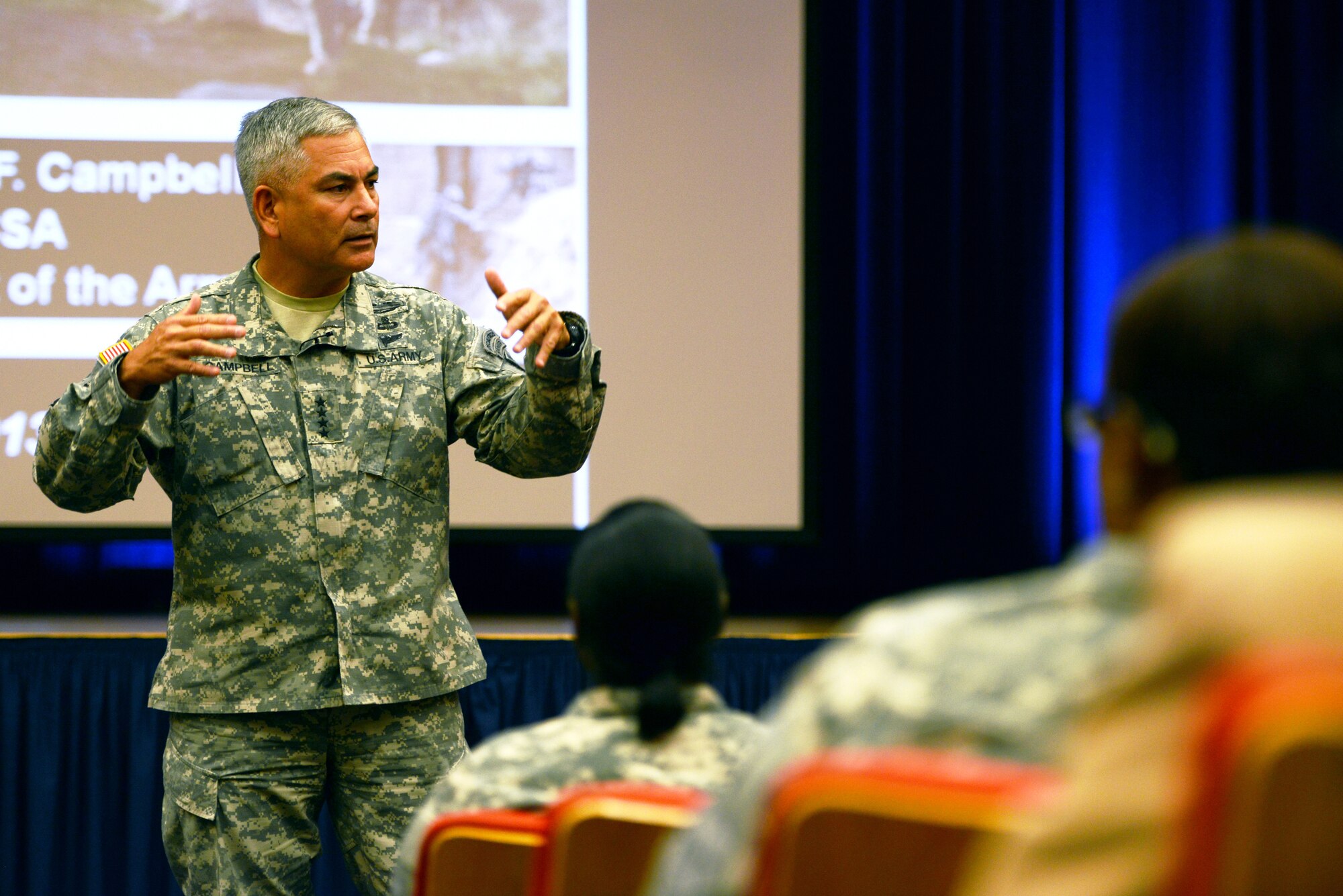 U.S. Army Gen. John Campbell, the Army vice chief of staff, briefs staffers at the new Headquarters Department of the Army at the Pentagon in Washington, July 24, 2013. While budget cuts and sequestration are a challenge, Campbell said, Americans won't accept them as an excuse for the Army failing to maintain a fighting force able to win the nation's wars. (U.S. Army photo by C. Todd Lopez/Released)