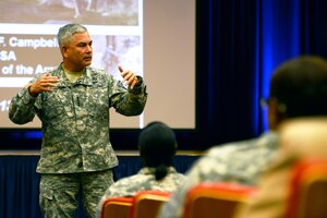 U.S. Army Gen. John Campbell, the Army vice chief of staff, briefs staffers at the new Headquarters Department of the Army at the Pentagon in Washington, July 24, 2013. While budget cuts and sequestration are a challenge, Campbell said, Americans won't accept them as an excuse for the Army failing to maintain a fighting force able to win the nation's wars. (U.S. Army photo by C. Todd Lopez/Released)