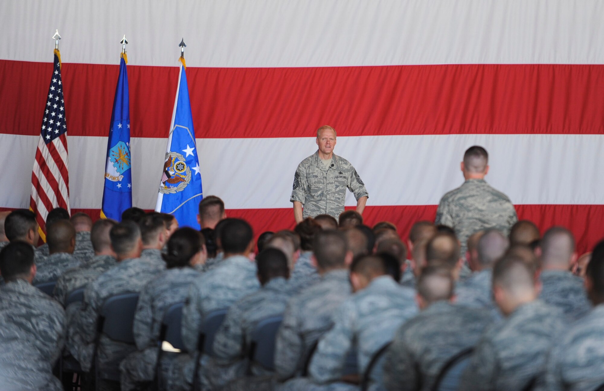 Chief Master Sgt. of the Air Force James Cody answers an airman’s question during an enlisted all call July 17, 2013, at Little Rock Air Force Base, Ark. Cody answered several questions in regards to sequestration, possible changes to the enlisted evaluation system and boards to select Airmen for promotion of master sergeant. (U.S. Air Force photo by Airman 1st Class Cliffton Dolezal)