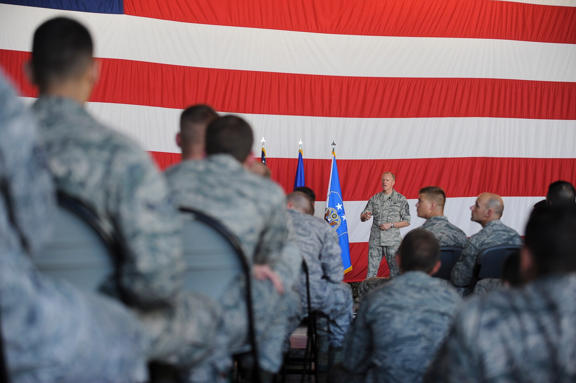 Chief Master Sgt. of the Air Force James Cody answers questions asked by enlisted Airmen July 17, 2013, at Little Rock Air Force Base, Ark. Cody answered several questions in regards to sequestration, as well as possible changes to the enlisted evaluation system and boards to select Airmen to the rank of master sergeant. (U.S. Air Force photo by Airman 1st Class Cliffton Dolezal)