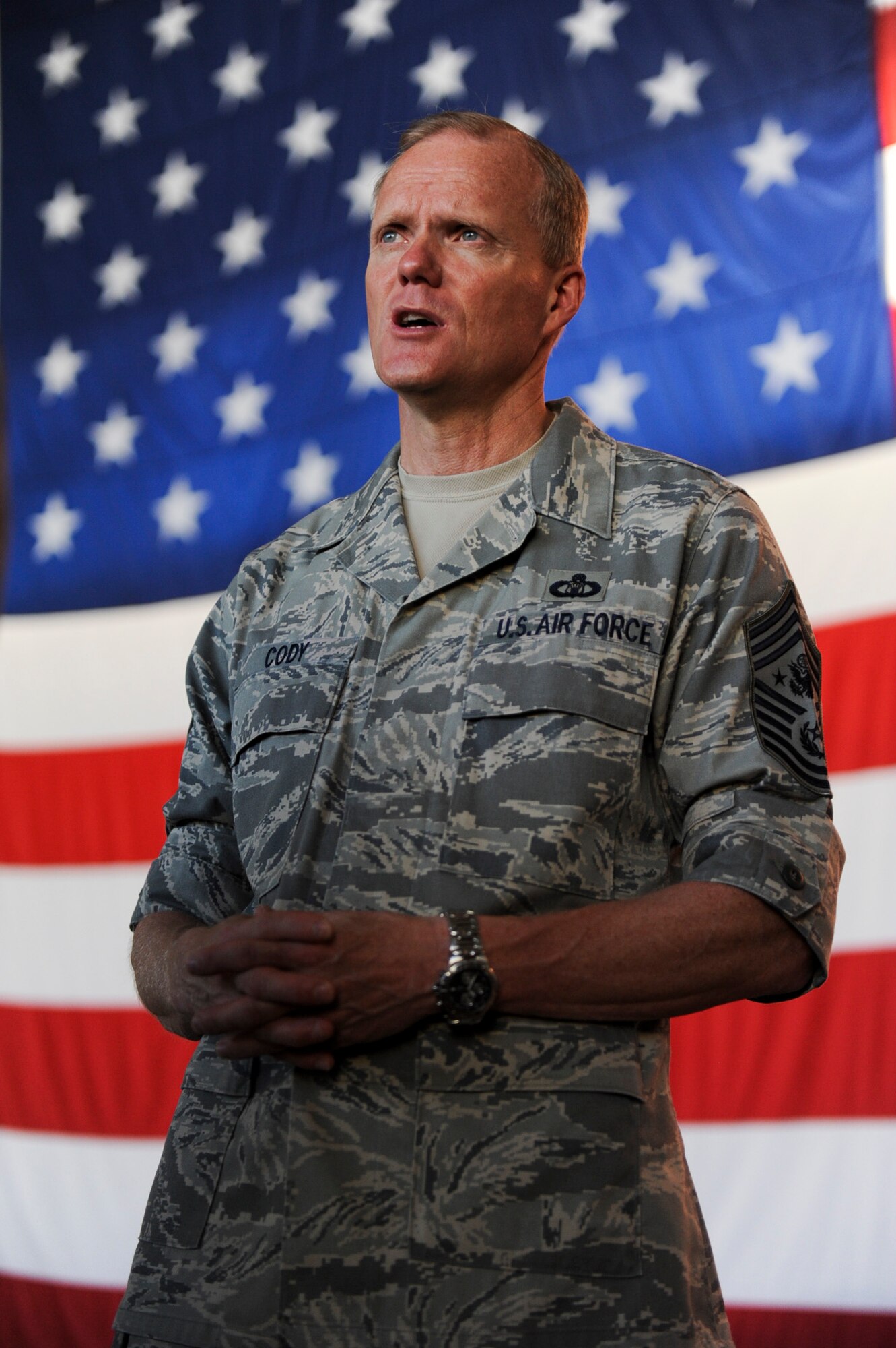 Chief Master Sgt. of the Air Force James Cody speaks to enlisted Airmen July 17, 2013, at Little Rock Air Force Base, Ark. Cody spoke of sequestration, potential changes to the enlisted evaluation system and the possibility of using a board to select Airmen to the rank of master sergeant. (U.S. Air Force photo by Airman 1st Class)