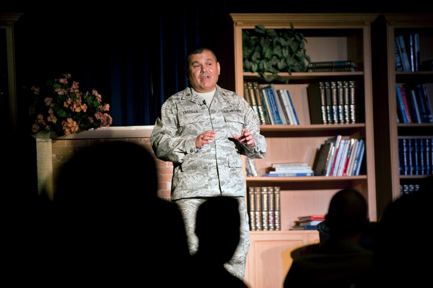 Chaplain (Maj.) Paul Castillo, 39th Air Base Wing head chaplain, shares the story of his transition from enlisted Airman to Air Force Chaplain July 27, 2013, at Incirlik Air Base, Turkey. Storytellers offer Incirlik residents a chance to hear other Airmen's life defining stories and learn from their experiences. (U.S. Air Force photo by Senior Airman Daniel Phelps/Released)