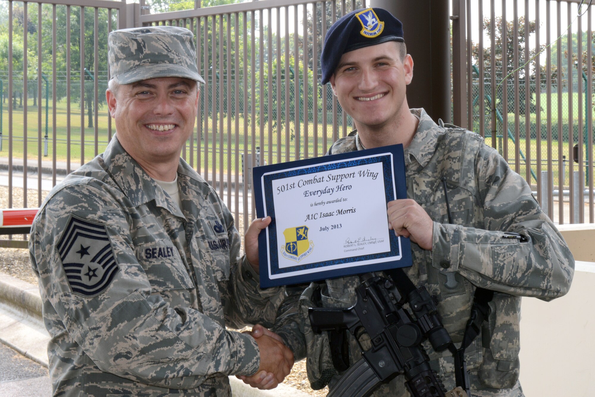 RAF CROUGHTON, United Kingdom – Airman 1st Class Isaac Morris, 422nd Security Forces Squadron, was named July’s 501st CSW Everyday Hero from the 422nd Air Base Group. (U.S. Air Force photo by Tech. Sgt. Chrissy Best)