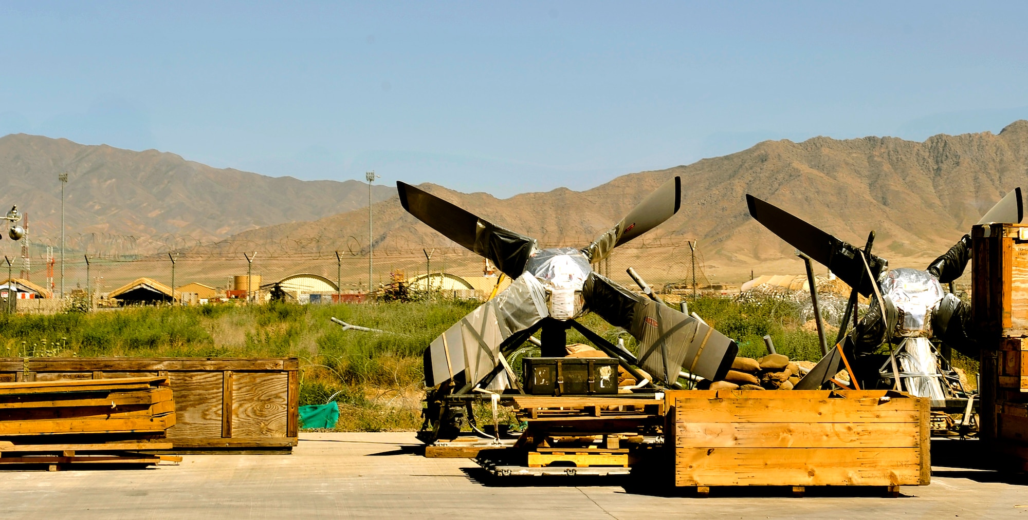 Aircraft parts belonging to C-130 aircraft are stored outside the 455th Expeditionary Logistics Readiness Squadron aircraft parts store on Bagram Airfield, Afghanistan. The facility stores all aircraft parts for C-130’s and other aircraft on the base. (U.S. Air Force photo/ Staff Sgt. Stephenie Wade)