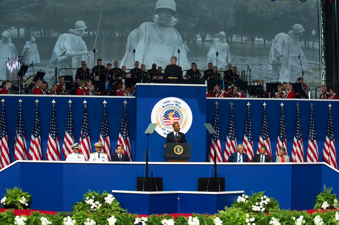 President Barack Obama delivers remarks at a ceremony to mark the 60th anniversary of the armistice ending the Korean War at the Korean War Memorial in Washington, D.C., July 27, 2013.
