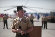 Sgt. Maj. John Elliot addresses the Marines of Marine Aircraft Group 29 for the first time as the MAG-29 sergeant major during a relief and appointment ceremony, July 26.
