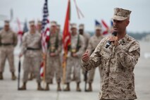 Sgt. Maj. Herbert Gongora, Marine Aviation Logistics Squadron 26 sergeant major, thanks the Marines who helped him during his time aboard Marine Corps Air Station New River at the relief and appointment ceremony, July 25. After Gongora passed the torch of senior enlisted advisor of MALS-26 to Sgt. Maj. Willie E. Edens, he retired after having served 30 years in the Marine Corps.