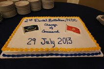 A traditional celebration cake sits ready to be eaten after a change of command ceremony for 2nd Dental Battalion, Naval Dental Center, 2nd Marine Logistics Group, aboard Camp Lejeune, N.C., July 29, 2013. The battalion is responsible for providing dental services to II Marine Expeditionary Force while both forward deployed and in the United States.