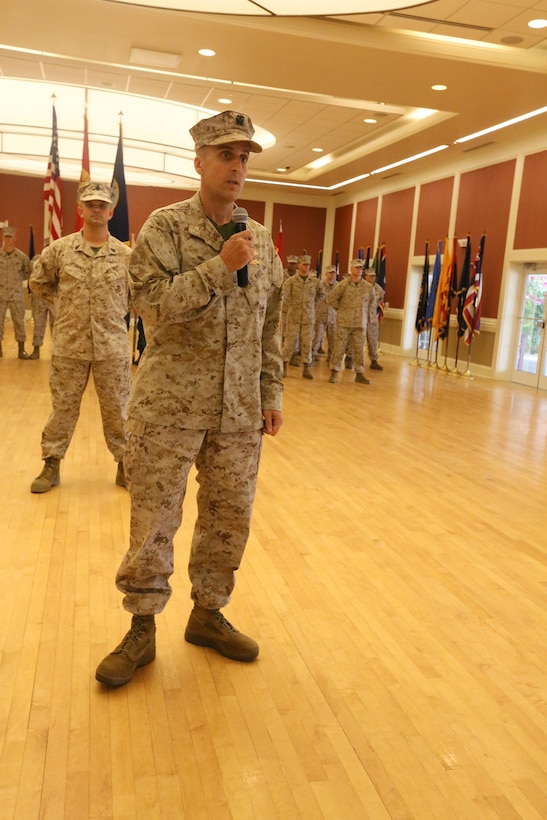 Capt. Rodney L. Gunning, the new commanding officer of 2nd Dental Battalion, Naval Dental Center, 2nd Marine Logistics Group, delivers his comments to the crowd during a change of command ceremony held aboard Camp Lejeune, N.C., July 29, 2013. Gunning recently completed a tour as the executive officer of 3rd Dental Battalion, 3rd MLG, where he was responsible for humanitarian missions and clinics on Okinawa and Iwakuni, Japan, as well as Kanehoe Bay, Hawaii.

