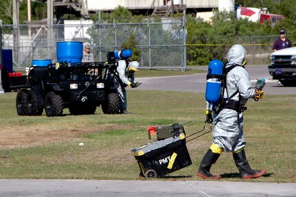 Two members of the Recon/Survey element of the South Caroliina's 43rd Civil Support Team, conduct an initial sweep of a suspicious area as part of the Vigilant Guard exercise held in the Beaufort, S.C. area Apr. 21. Other participants in the exercise included the Bluffton Township Fire District. The 43rd CST, the only joint Army-Air National Guard unit in the state, is located in West Columbia, S.C., and is made up of 22 full-time National Guard members. "This exercise helps prepare us for future events such as natural disasters, Turner said, and gives us the opportunity to work with the National Guard and they with us."