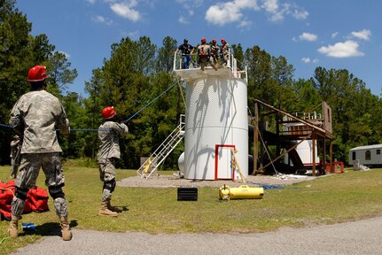 Members of the 877th Engineer Company from Augusta, Georgia receive high-angle extraction rescue techniques at the Burton Township Fire Department in Beaufort County, South Carolina. Andy Lancaster, a member of the Response International Group team from Oklahoma City, is the exercise coordinator. This scenario, in support of the Vigilant Guard 2008 exercise, is being conducted from 21-24 April 2008 in Beaufort County, S.C. Army and Air National Guard personnel from South Carolina and various other states are conducting an earthquake response exercise in coordination with local, state, and federal emergency agencies.