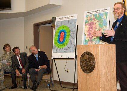 State Geologist Jonathan Price, director of the Nevada Bureau of Mines and Geology, speaks about earthquakes at the news conference held at the State Emergency Operations Center in Carson City, Nev., on June 12 as Maj. Gen. Cynthia Kirkland, adjutant general of the Nevada National Guard, Frank Siracusa, Nevada Division of Emergency Management official, and Nevada governor Jim Gibbons listen. The Vigilant Guard 2008 exercise is a full-scale, disaster-preparedness exercise involving more than 2,000 participants from civilian emergency response agencies and National Guard units from seven western states.