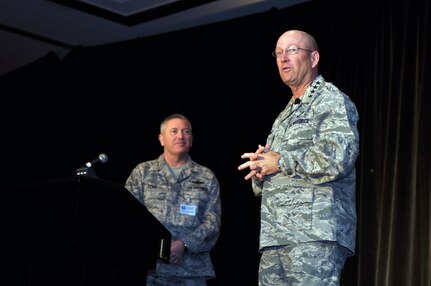 Gen. Gene Renuart, commander of North American Aerospace Defense Command and U.S. Northern Command, tells attendees at the National Guard's 2009 Domestic Operations Workshop in Baltimore, Md., on March 4, 2009, that NORTHCOM and the National Guard are working together to protect and assist Americans. Maj. Gen. Bill Etter, director of domestic operations for the National Guard Bureau, is at left.