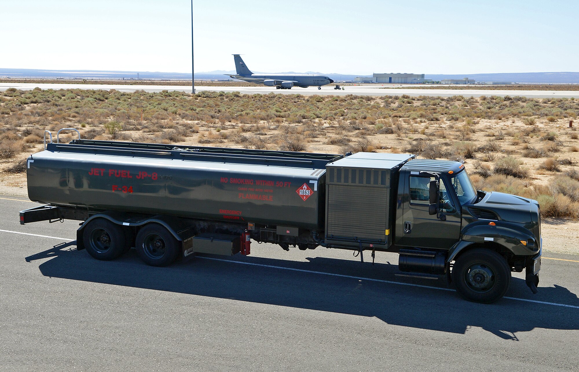 Each Edwards fuel truck, like the one shown, will be remarked with the new fuel type designator once the base converts to commercial Jet A fuel with additives within the continental U.S. All Edwards aircraft, except B-52s and RQ-4s, are projected to convert to Jet A fuel around November 2013. (U.S. Air Force photo by Jet Fabara)