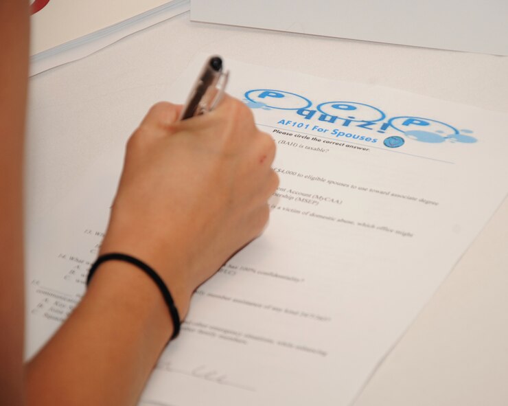 An Air Force spouse takes a quiz during the Heart Link, Air Force 101 for Spouses class on Barksdale Air Force Base, La., July 25, 2013. The class is a way for spouses to network with each other providing a community they can rely on. (U.S. Air Force photo/Senior Airman Sean Martin)