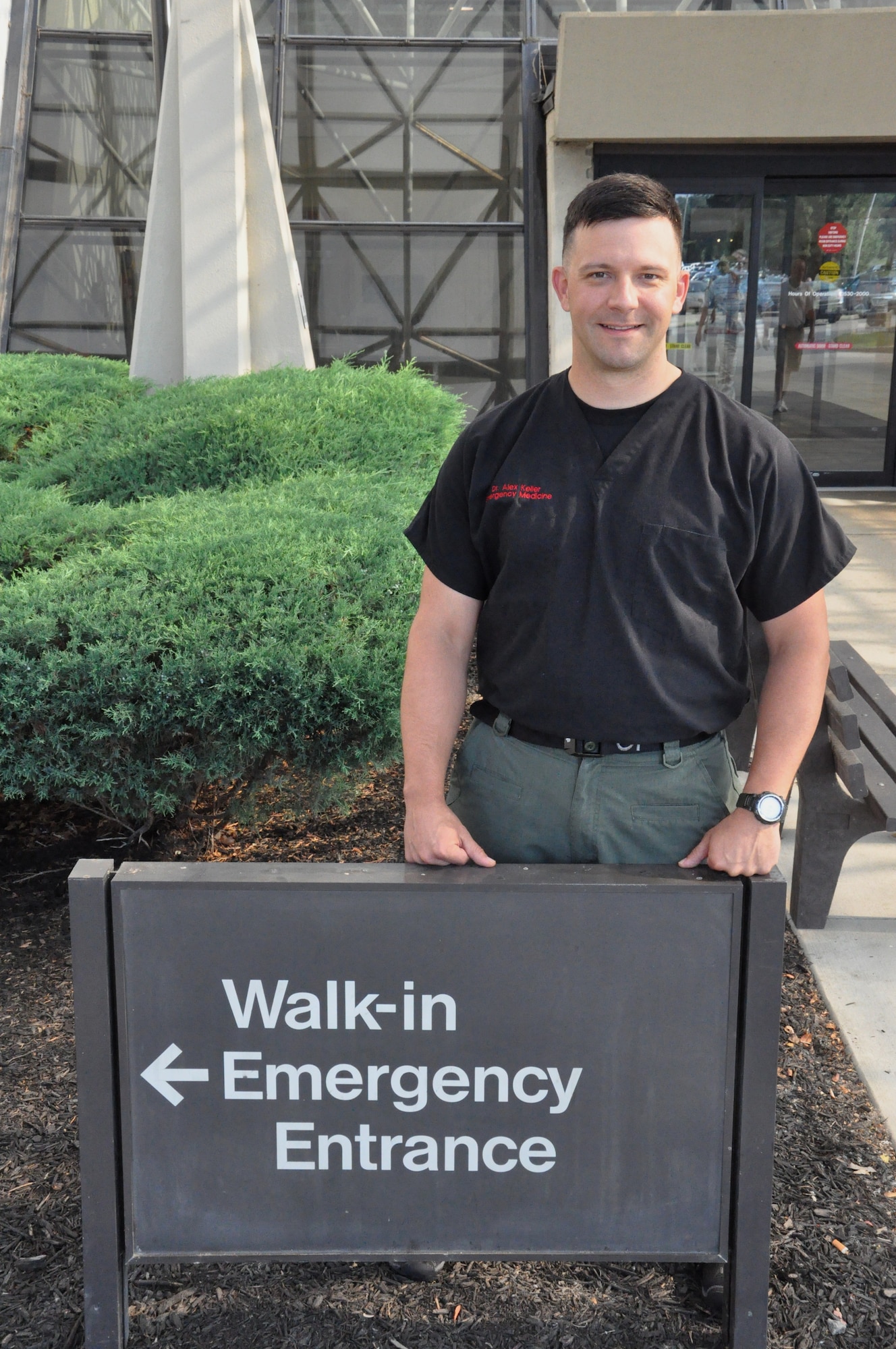 Major (Dr.) Alex Keller, in his civilian work cloths, just got off his night emergency room shift at Good Samaritan Hospital in Dayton.  The major is in a residency program that allows Air Force doctors to work in local hospitals emergency rooms. (U.S. Air Force photo by Ted Theopolos)