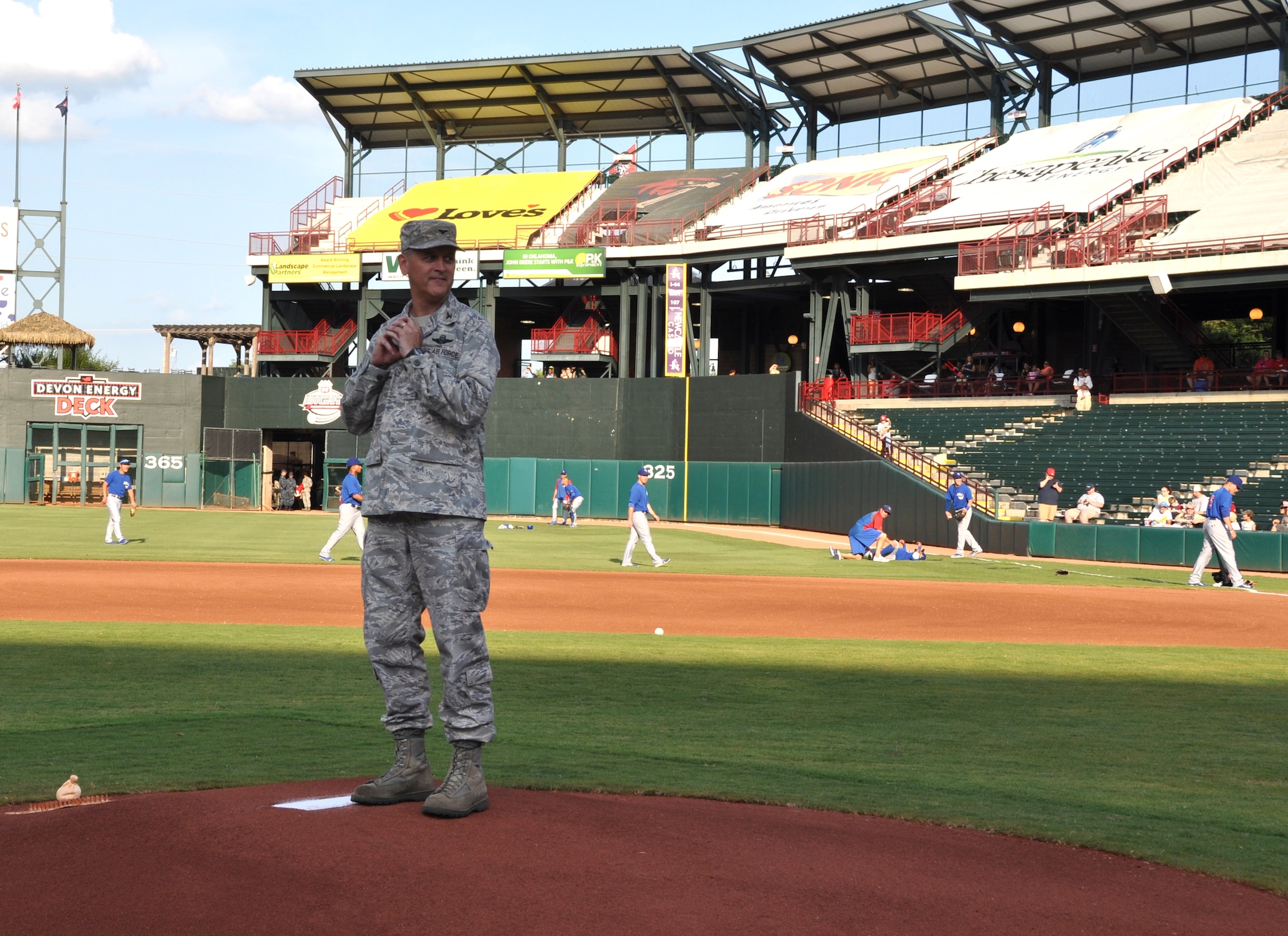 Colonel Russell Muncy, 507th Air Refueling Wing commander prepares to throw out the ceremonial first pitch at the Oklahoma City RedHawks game on July 27. (U.S. Air Force Photo/Maj. Jon Quinlan) 