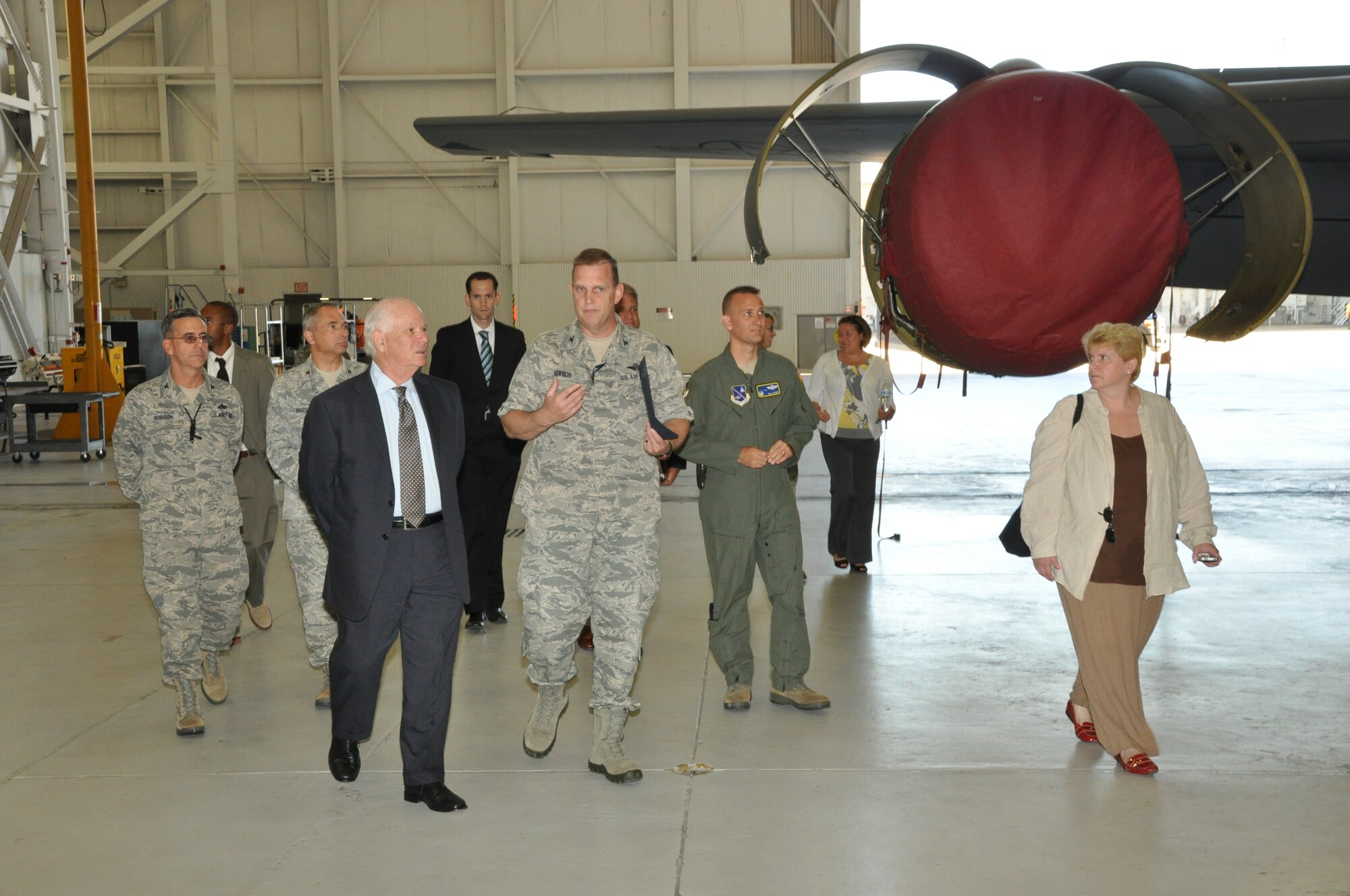 Senator Ben Cardin (D- Md.) walks with Air Force Col. William Mason, commander, 459th Air Refueling Wing during a base-wide visit to Joint Base Andrews, Md., July 29, 2013 .  Cardin met with wing leadership and other civilian and military members of the wing to discuss sequestration and its effects on wing personnel. (U.S. Air Force photo/ Capt. Tim Smith)