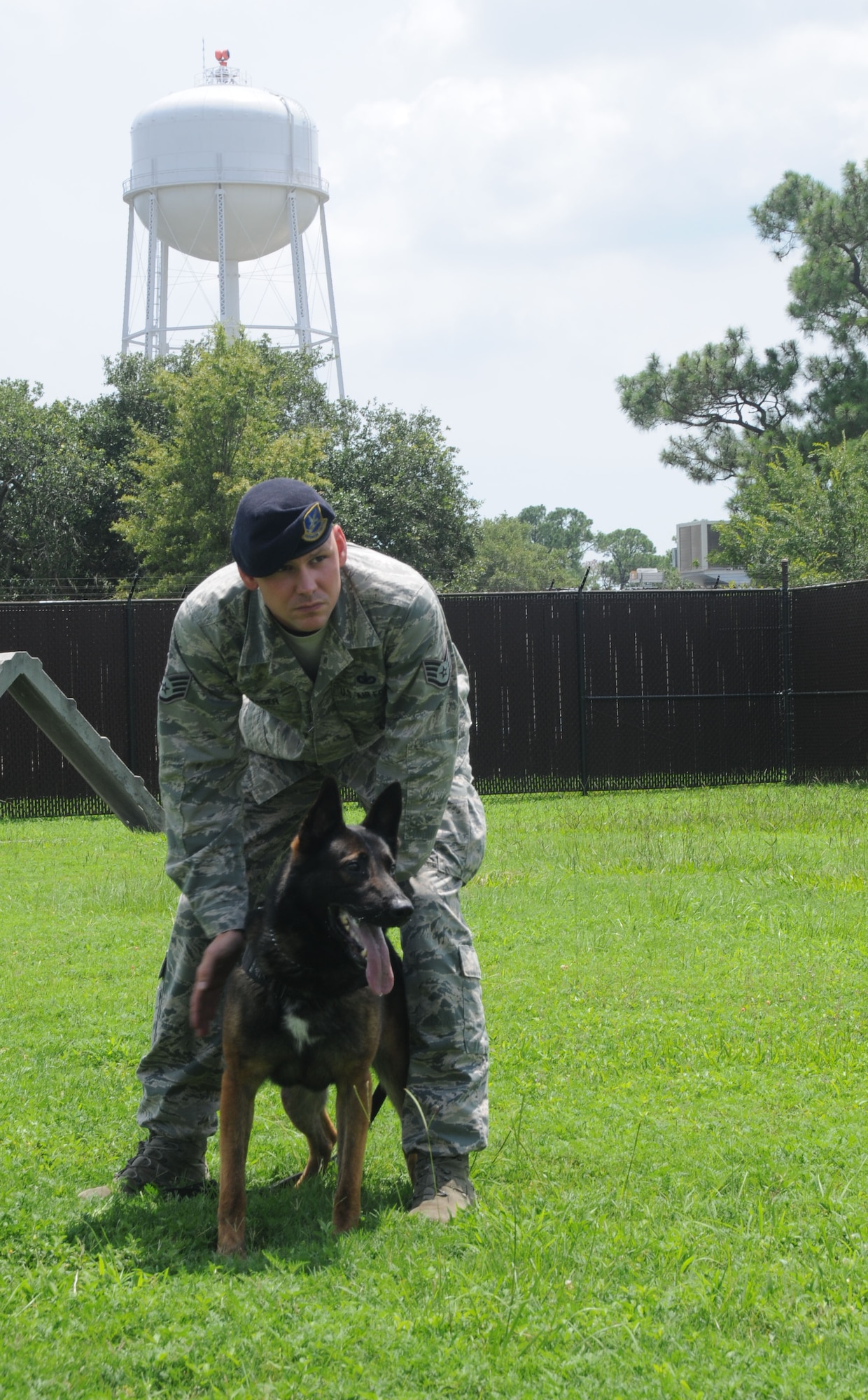 Staff Sgt. James Wader, 81st Security Forces, prepares Toki, a military working dog, for a demonstration July 25, 2013, in the military working dog kennel training yard, Keesler Air Force Base, Miss. Canine officers, along with their trainers, are constantly working to maintain themselves as a serious and effective force of security, both at Keesler and in deployed locations. (U.S. Air Force photo by Airman 1st Class Stephan Coleman)