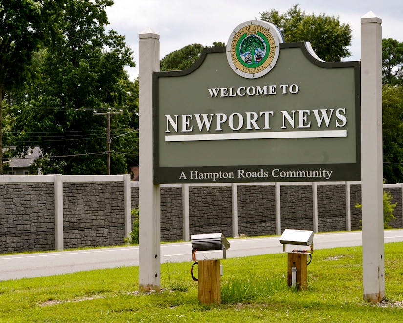The welcome sign is one of six posted at various entrances to Newport News, Va., welcoming travelers into the city. Newport News encompasses approximately 70 square miles and features more than 3,700 businesses and 36 parks. (U.S. Air Force photo by Staff Sgt. Wesley Farnsworth/Released) 