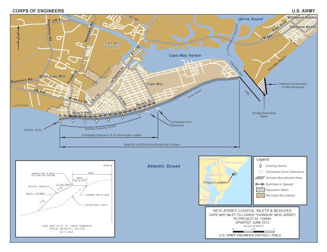 The Cape May Inlet to Lower Township project is located on the Atlantic coast of New Jersey, extending from the southwest jetty of Cape May Inlet to 3rd Ave. in Cape May City.  It includes the communities of the City of Cape May and Lower Township, and the US Coast Guard Training Center, all located in Cape May County.