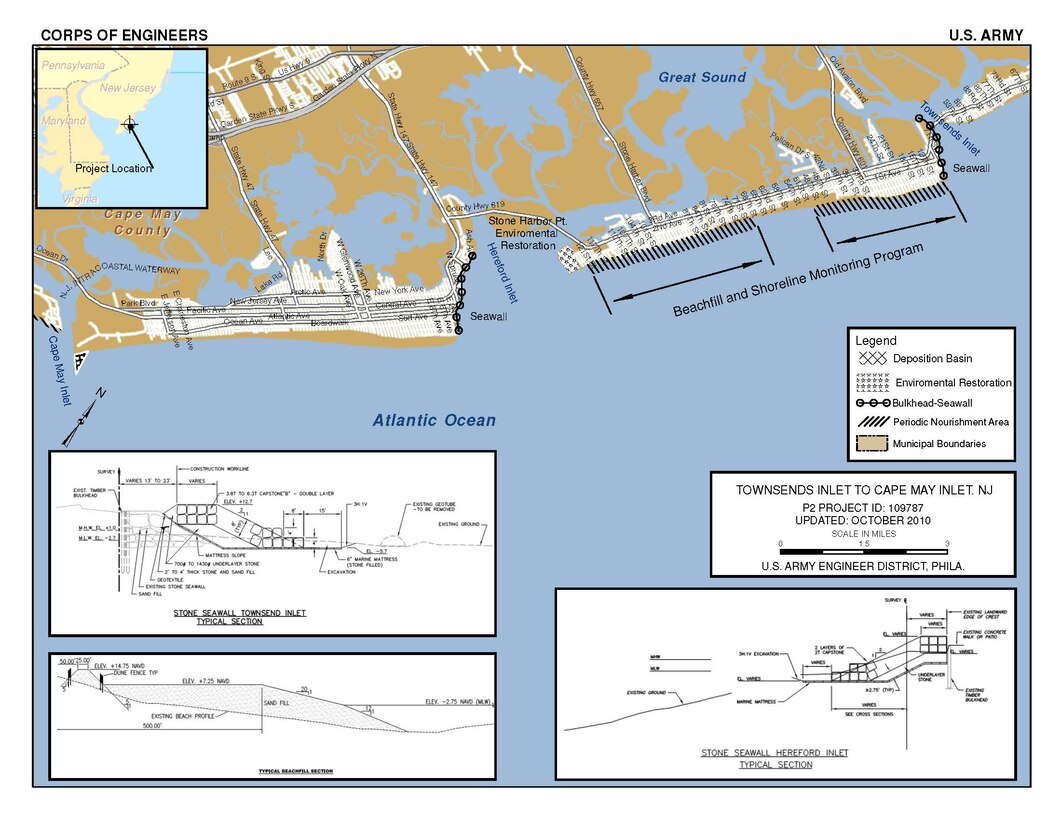 The Townsends Inlet to Cape May Inlet project includes (1) 4.3 miles of beachfill, (2) 2.2 miles of seawall construction, and (3) ecosystem restoration. 
