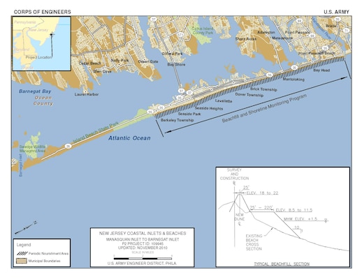 The Manasquan Inlet to Barnegat Inlet project plan calls for construction of a beachfill with a berm and dune from Point Pleasant Beach to the border of Island Beach State Park, NJ. 