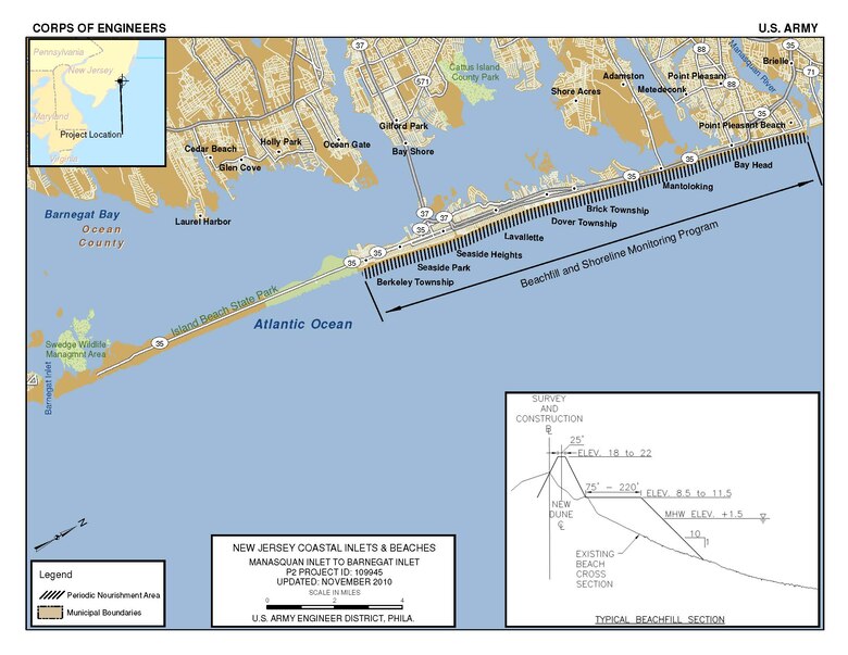 The Manasquan Inlet to Barnegat Inlet project plan calls for construction of a beachfill with a berm and dune from Point Pleasant Beach to the border of Island Beach State Park, NJ. 