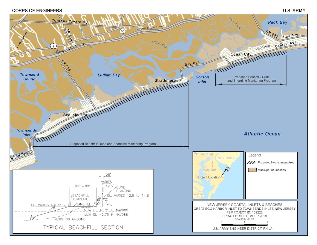 The Great Egg Harbor Inlet to Townsends Inlet project calls for construction of a beachfill with a berm and dune in the municipalities of Ocean City, Upper Township, and Sea Isle City. 