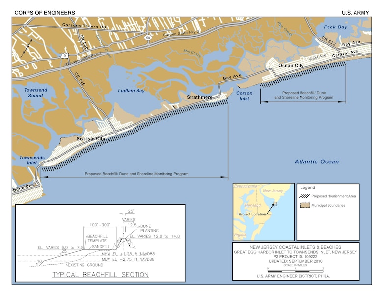 The Great Egg Harbor Inlet to Townsends Inlet project calls for construction of a beachfill with a berm and dune in the municipalities of Ocean City, Upper Township, and Sea Isle City. 