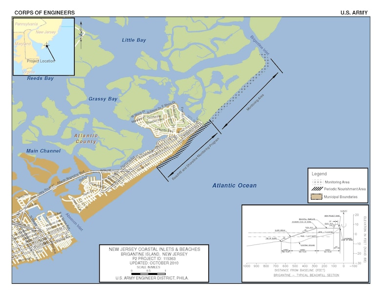 The Brigantine Island project consists of berm and dune restoration along approximately 1.8 miles of coastline fronting the northern third of the city.