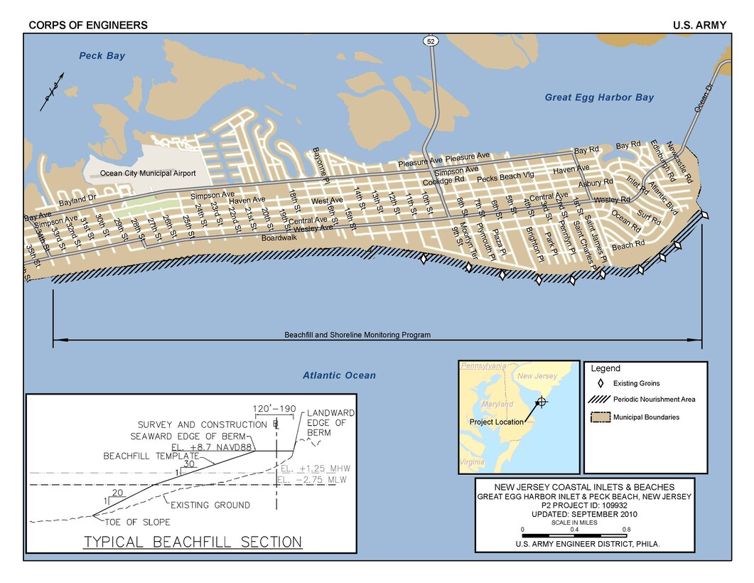 Great Egg Harbor and Peck Beach project consists of providing initial beachfill, with subsequent periodic nourishment from Surf Road southwest to 34th Street in Ocean City, NJ with a 1,000-foot taper south of 34th Street.