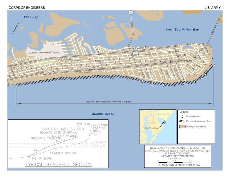 Great Egg Harbor and Peck Beach project consists of providing initial beachfill, with subsequent periodic nourishment from Surf Road southwest to 34th Street in Ocean City, NJ with a 1,000-foot taper south of 34th Street.