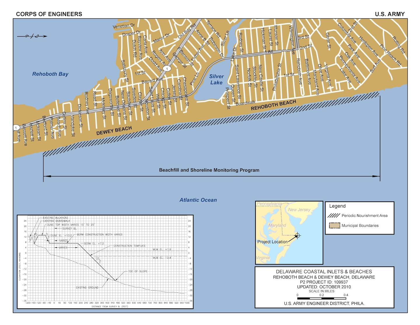 The Rehoboth Beach/Dewey Beach project consists of a continuous beachfill from the northern end of Rehoboth Beach to the southern border of Dewey Beach, a distance of 13,500 linear feet.