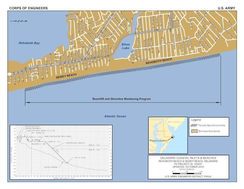 The Rehoboth Beach/Dewey Beach project consists of a continuous beachfill from the northern end of Rehoboth Beach to the southern border of Dewey Beach, a distance of 13,500 linear feet.
