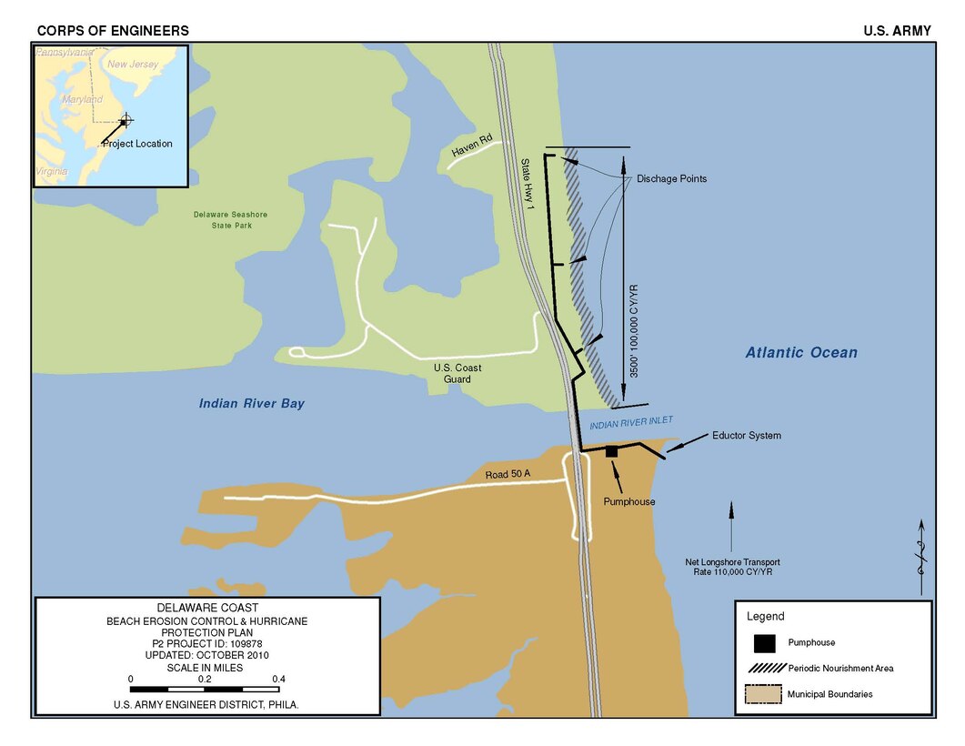 The Sand Bypass Plant, Indian River Inlet project  involves the pumping of approximately 100,000 cubic yards of sand annually to nourish approximately 3,500 feet of feeder beach on the north side of the Indian River Inlet