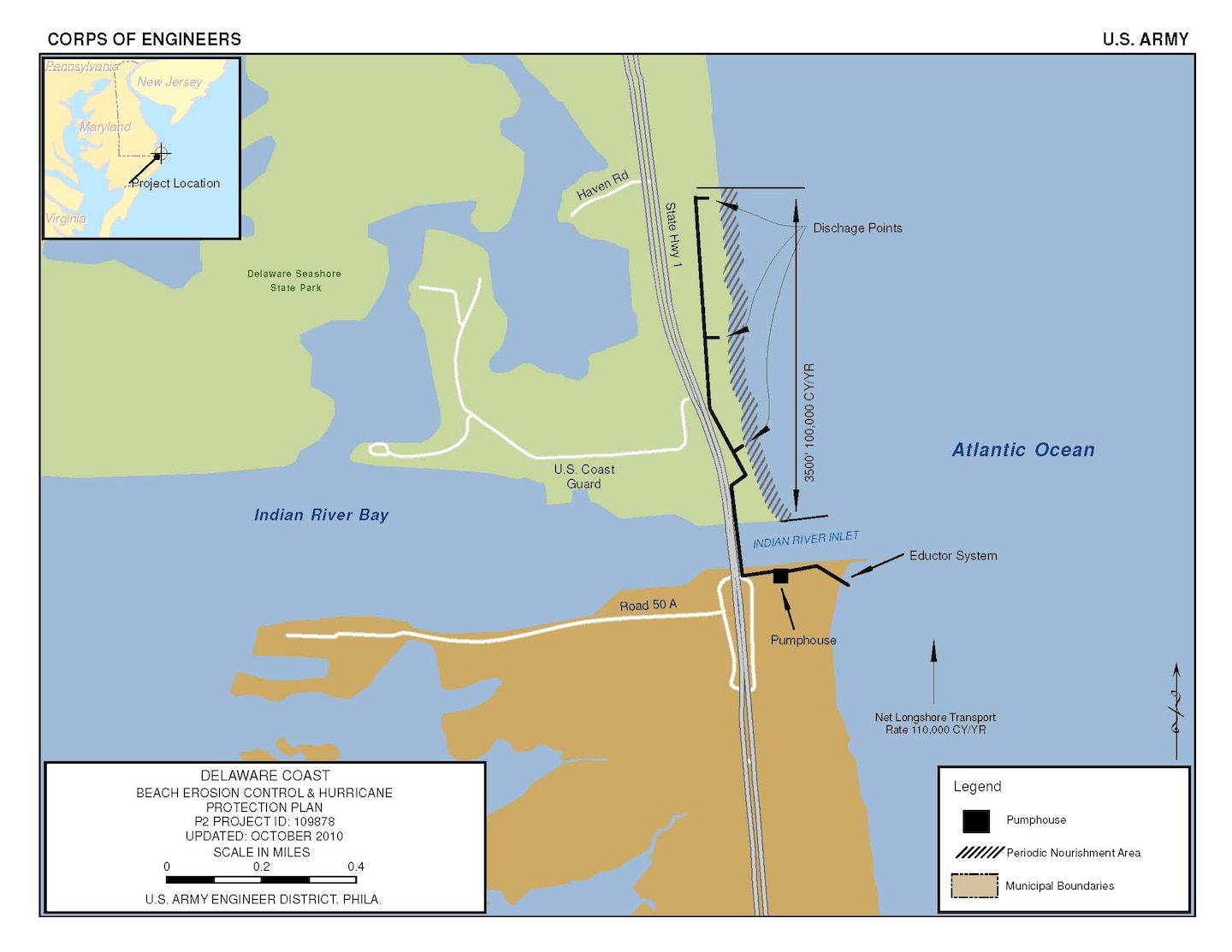The Sand Bypass Plant, Indian River Inlet project  involves the pumping of approximately 100,000 cubic yards of sand annually to nourish approximately 3,500 feet of feeder beach on the north side of the Indian River Inlet