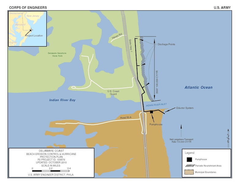 The Sand Bypass Plant, Indian River Inlet project  involves the pumping of approximately 100,000 cubic yards of sand annually to nourish approximately 3,500 feet of feeder beach on the north side of the Indian River Inlet