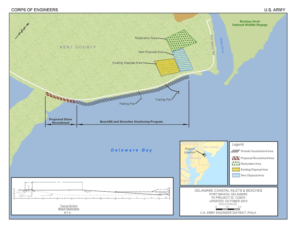 The plan proposed in the final feasibility report for the purpose of flood and coastal storm damage reduction and ecosystem restoration at Port Mahon consists of a 5,200 foot long beachfill with periodic nourishment to provide for horseshoe crab and shorebird habitat.  It also includes raising State Road 89 for a distance of 7,500 feet and placing riprap along a 1,200 foot length of the road to protect wetlands, and restoring 21.4 acres of degraded wetland habitat west of the road.