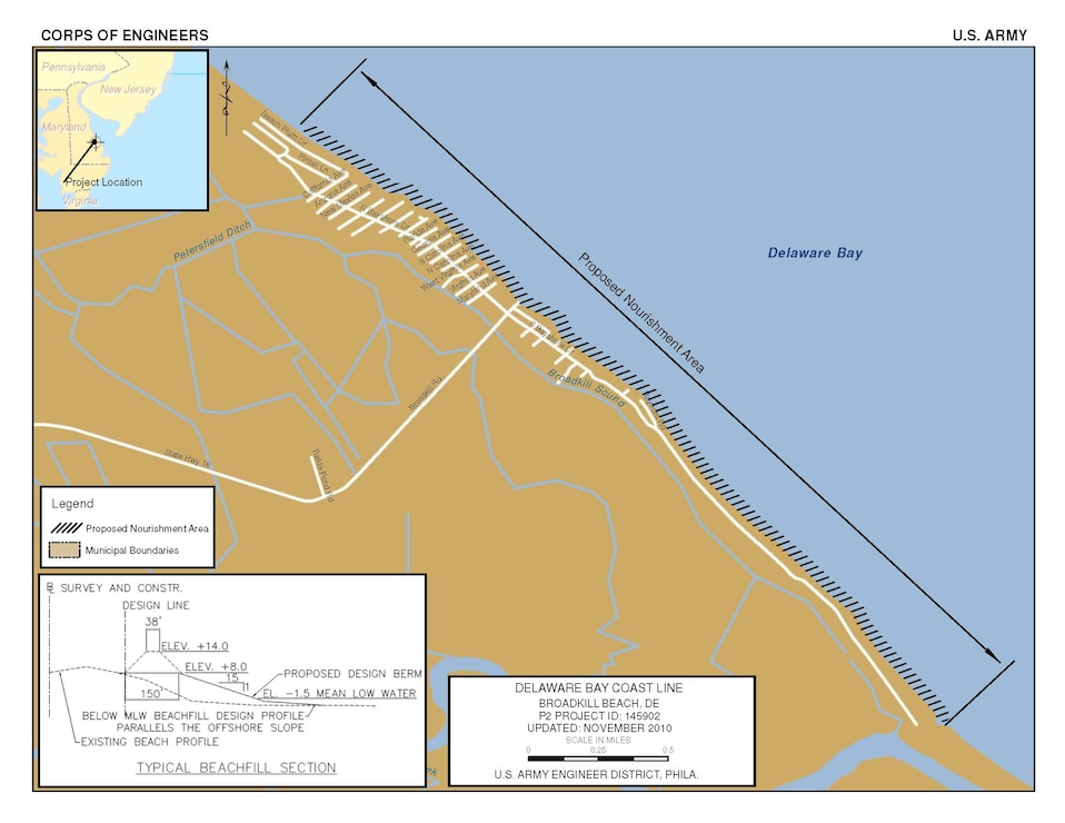 The plan for the Broadkill Beach project for the purposes of flood and coastal storm damage reduction is the construction of a dune and berm over a total project length of 14,600 feet.