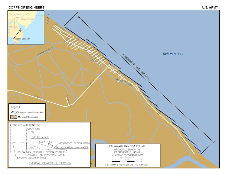 The plan for the Broadkill Beach project for the purposes of flood and coastal storm damage reduction is the construction of a dune and berm over a total project length of 14,600 feet.