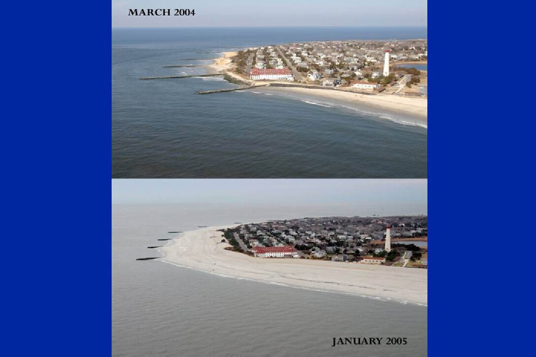 A before and after look at the initial construction of the beachfill for the  Lower Cape May Meadows Project. The project restores and protects fish and wildlife habitat and provides flood and storm damage reduction benefits.