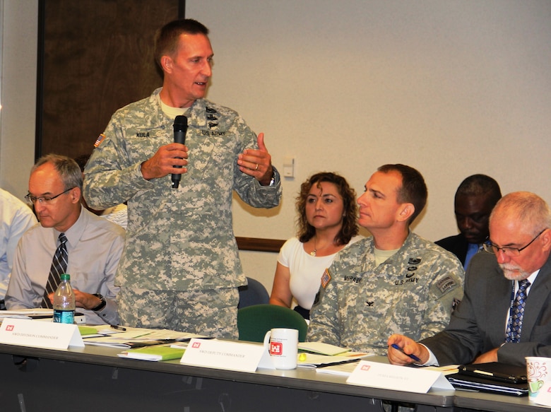 Brig. Gen. Thomas W. Kula, SWD commander, makes some key points with Corps partners during the SWD Hurricane Table Top Exercise in Dallas.  