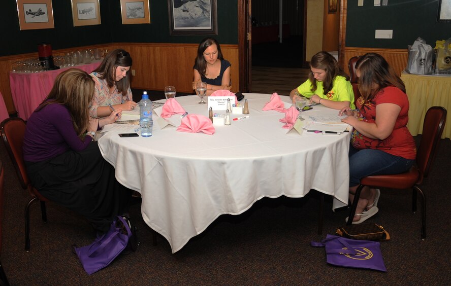 Air Force spouses fill out a questionnaire during the Heart Link, Air Force 101 for Spouses class on Barksdale Air Force Base, La., July 25, 2013. The questionnaire contained basic information that was used to help spouses get to know each other. (U.S. Air Force photo/Senior Airman Sean Martin)