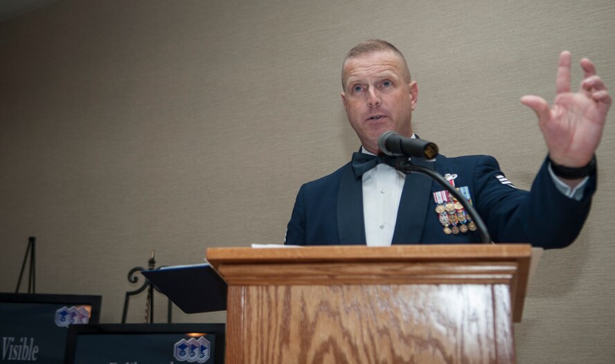 U.S. Air Force Chief Master Sgt. Michael Goetz, 93d Air Ground Operations Wing command chief, addresses inductees at a senior NCO induction ceremony at Moody Air Force Base, Ga. July 26, 2013. The theme for the ceremony was, “active and visible, deliberately developing Airmen.” (U.S. Air Force photo by Airman 1st Class Sandra Marrero/released)
