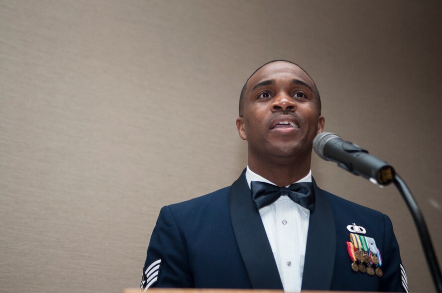 U.S. Air Force Staff Sgt. Albert Whidby, 23d Operations Support Squadron air traffic control systems specialist, gives a speech at a senior NCO induction ceremony at Moody Air Force Base, Ga. July 26, 2013. Whidby encouraged the future senior NCOs to continue developing their NCOs. (U.S. Air Force photo by Airman 1st Class Sandra Marrero/released)
