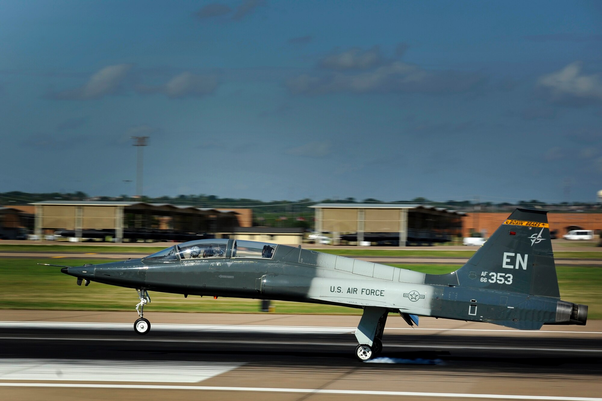 Pilots from the 80th Flying Training Wing, Sheppard Air Force Base, Texas, practice touch and go maneuvers in a T-38 Talon aircraft during training July 18, 2013. The Talon is a two-seat, twin-engine supersonic jet trainer used to train pilots in the international Euro-NATO Joint Pilot Training Program. (U.S. Air Force Photo/Danny Webb/Released)
